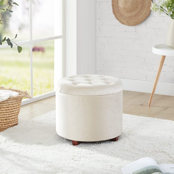 Donovan Round Tufted Velvet Storage Ottoman - Cream - Image 2