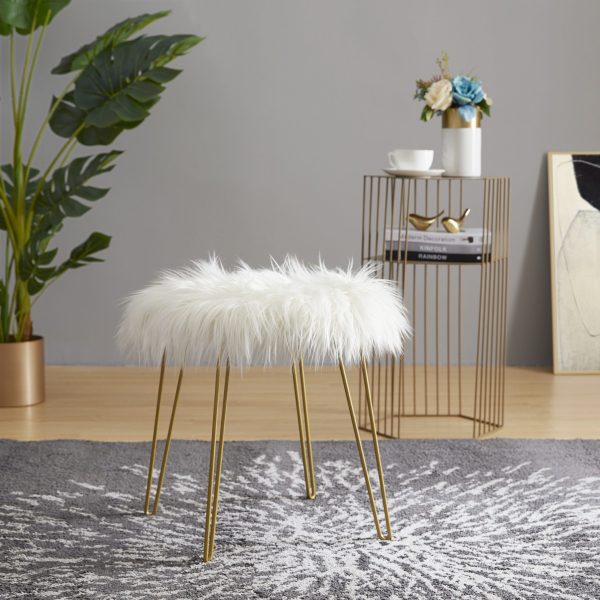 Faux Fur Round Ottoman - White