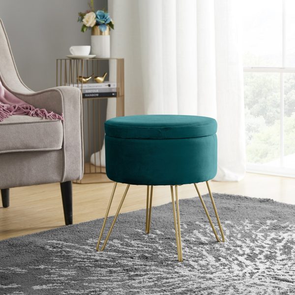 Round Velvet Storage Ottoman - Teal