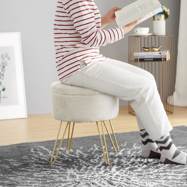 Round Velvet Storage Ottoman - Cream - Image 5