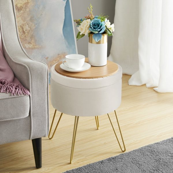Round Velvet Storage Ottoman - Cream - Image 2