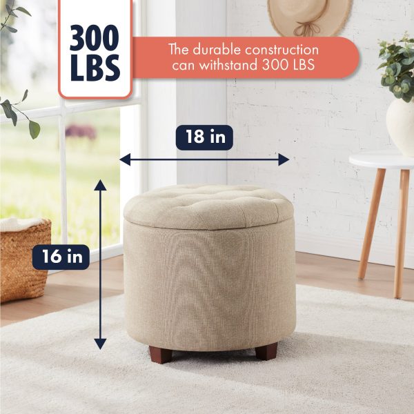 Donovan Round Tufted Linen Storage Ottoman - Beige - Image 2