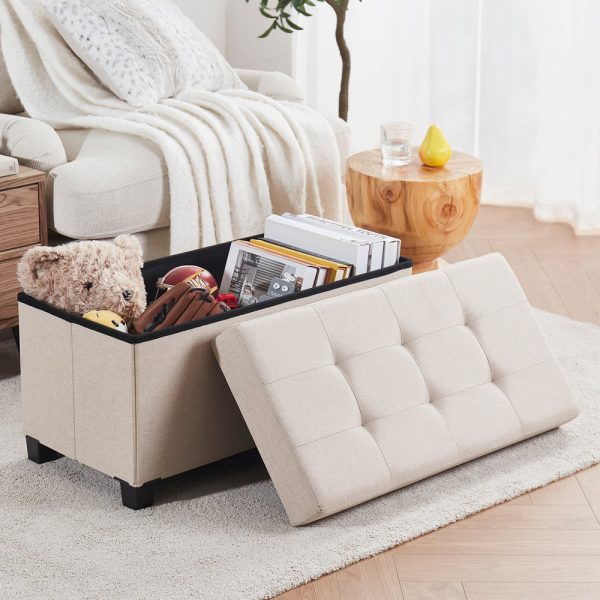 Foldable Tufted 30 Inch Linen Bench Storage Ottoman with Legs - Beige