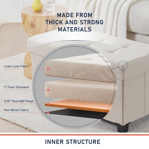 Foldable Tufted 30 Inch Linen Bench Storage Ottoman with Legs - Beige - Image 4
