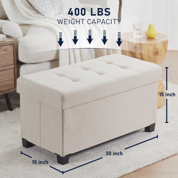 Foldable Tufted 30 Inch Linen Bench Storage Ottoman with Legs - Beige - Image 2