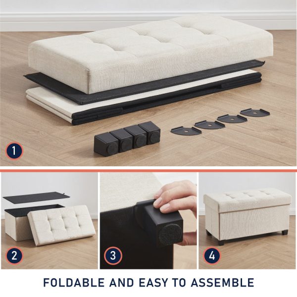 Foldable Tufted 30 Inch Linen Bench Storage Ottoman with Legs - Beige - Image 5