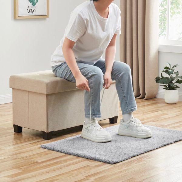 Foldable Tufted 30 Inch Linen Bench Storage Ottoman with Legs - Beige - Image 3