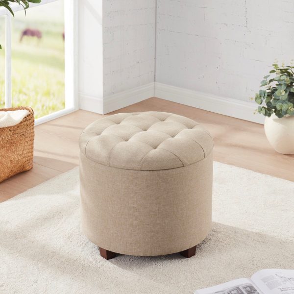 Donovan Round Tufted Linen Storage Ottoman - Beige - Image 4