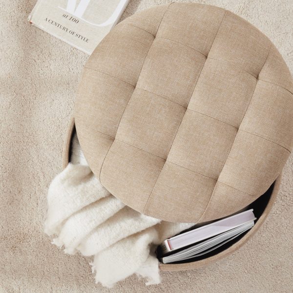 Donovan Round Tufted Linen Storage Ottoman - Beige - Image 3