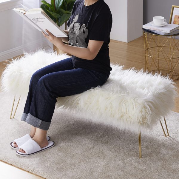 Faux Fur Bench Ottoman - White - Image 4
