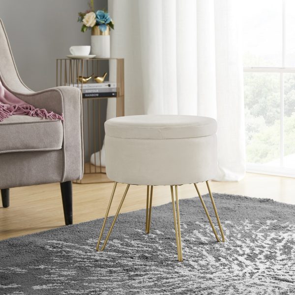 Round Velvet Storage Ottoman - Cream